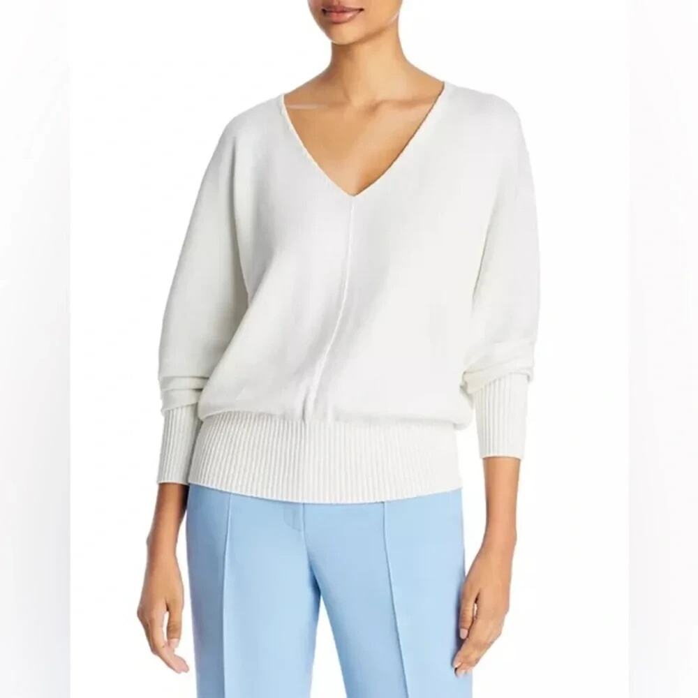 Lafayette 148 White Wide V Neck Dolman Sleeve Sweater Knit Top Cotton Silk XS